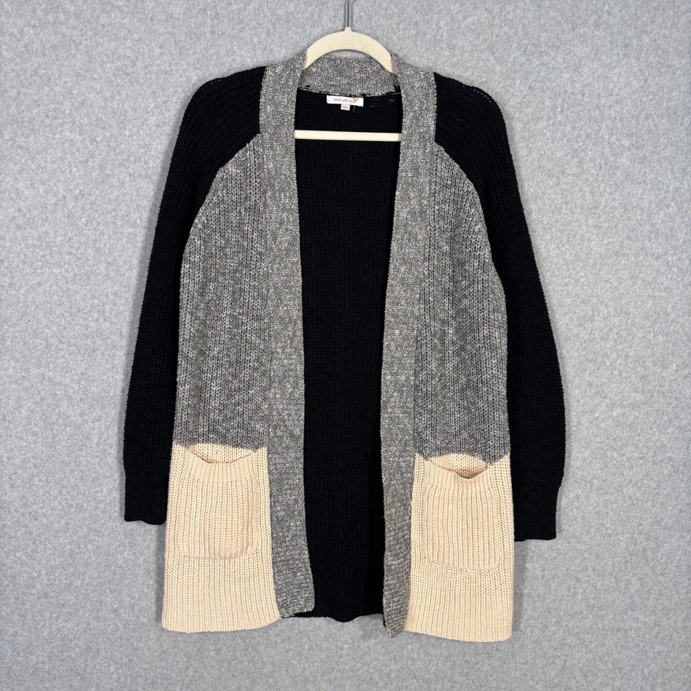 Skies Are Blue Cardigan Sweater Small Cream Patchwork Open Knit‎ Lounge Neutral